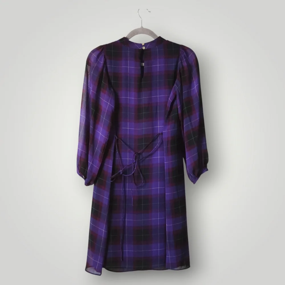 Ann Taylor Purple Plaid Tartan Chiffon Mini Dress XXSP Dark Academia Cottagecore - Picture 4 of 8